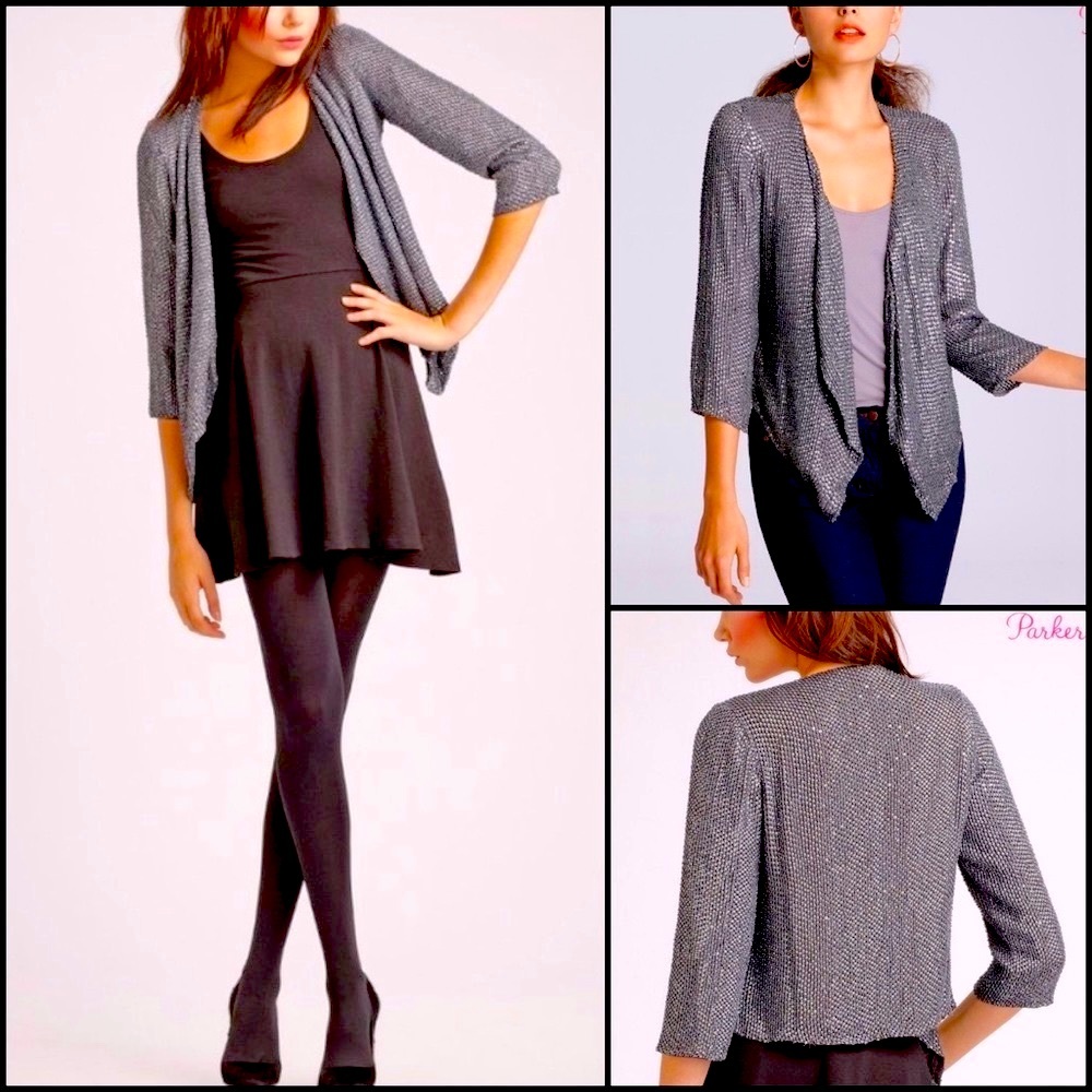 Parker Silk Beaded Draped Asymmetrical Open Front Jacket Blazer Duster